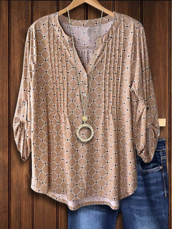 Slit Collar Geometric Print Casual Blouse