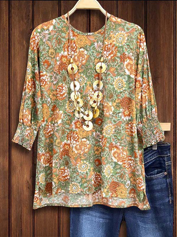 Crew Neck Floral Print Gathered Blouse