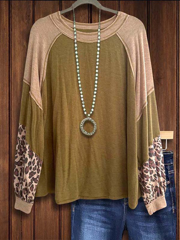 Army Green Contrast Leopard Print Patchwork Top