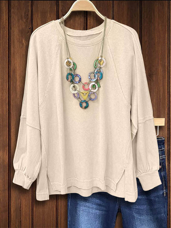 Beige Round Neck Patchwork Loose Sweatshirt