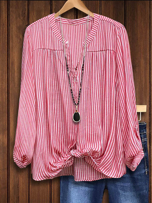 Long Sleeve Split Collar Striped Blouse