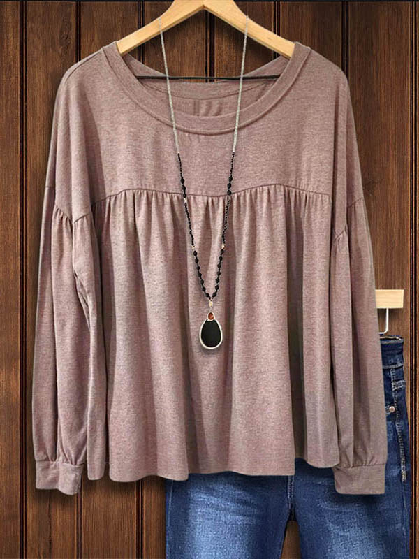 Round Neck Solid Color Pleated Top