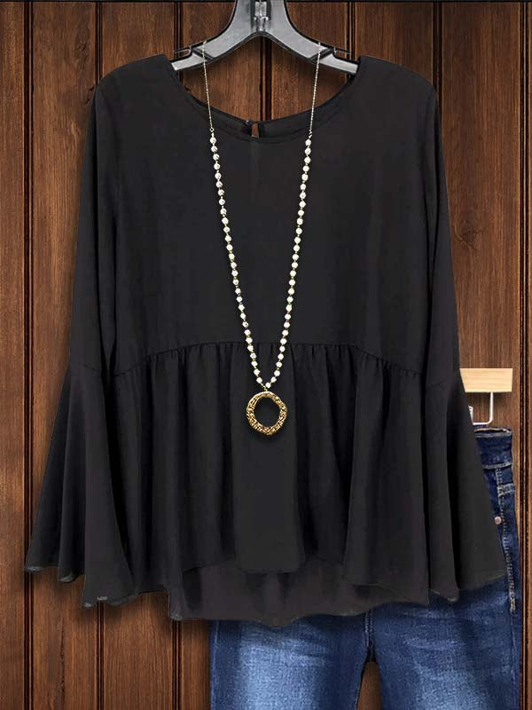 Black Ruffled Sleeve Pleated Blouse