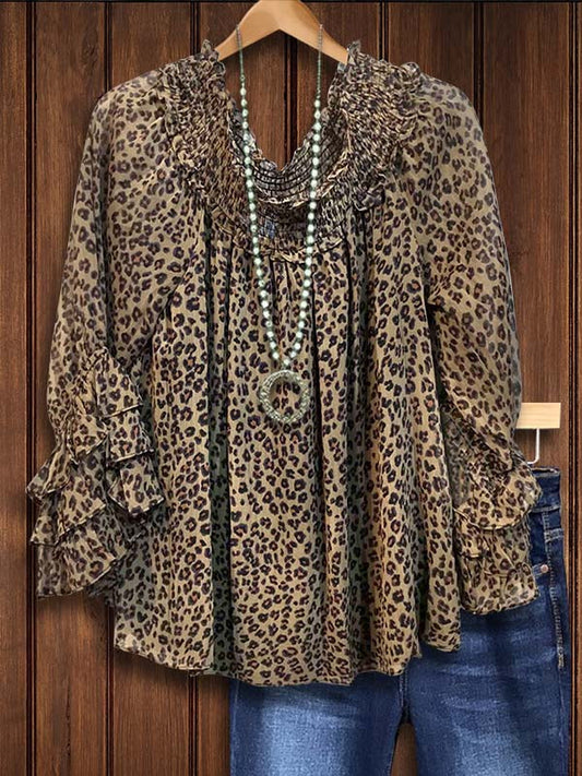 Leopard Print Gathered Tiered Ruffle Sleeve Blouse