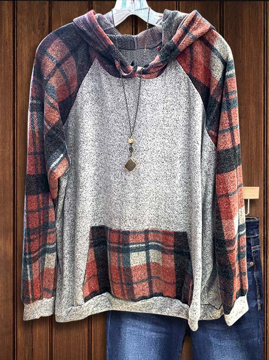 Plaid Contrast Patchwork Casual Hoodie