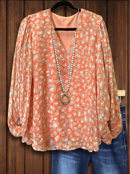 Orange Leopard Print Puff Sleeve Blouse