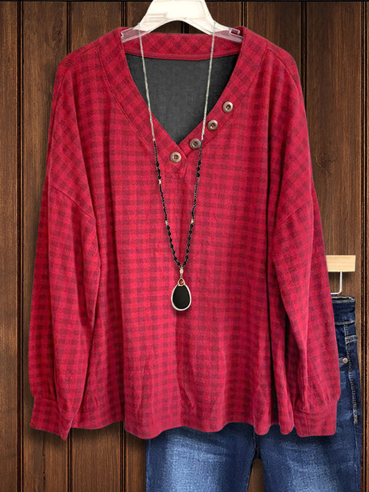 V-Neck Plaid Long-Sleeved Sweatshirt