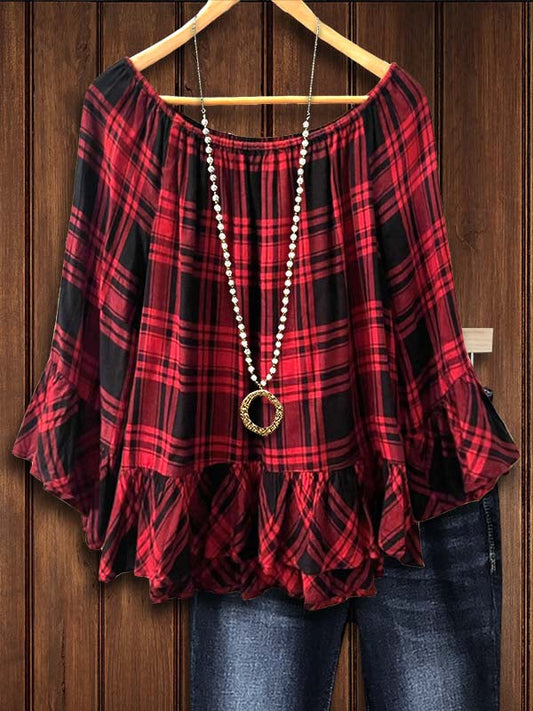 Temperament Red Plaid Ruffle Sleeve Blouse