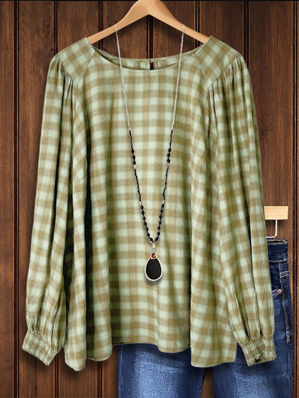 Round Neck Plaid Gathered Loose Top