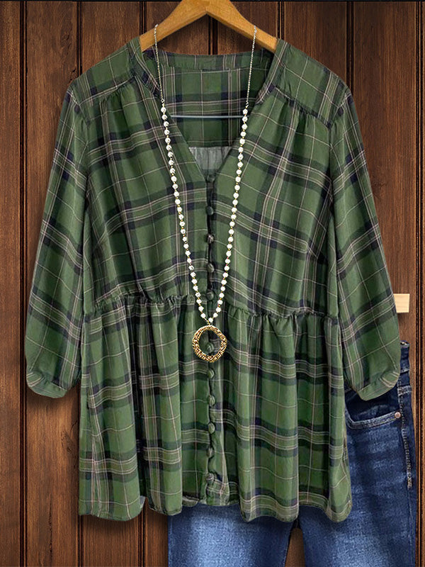 Green Check Button Ruffle Hem Blouse