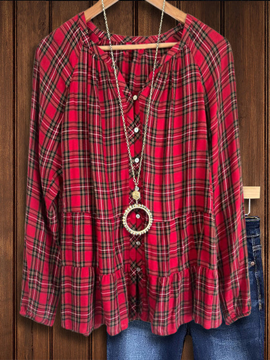 Red Check Tiered Ruffled Blouse