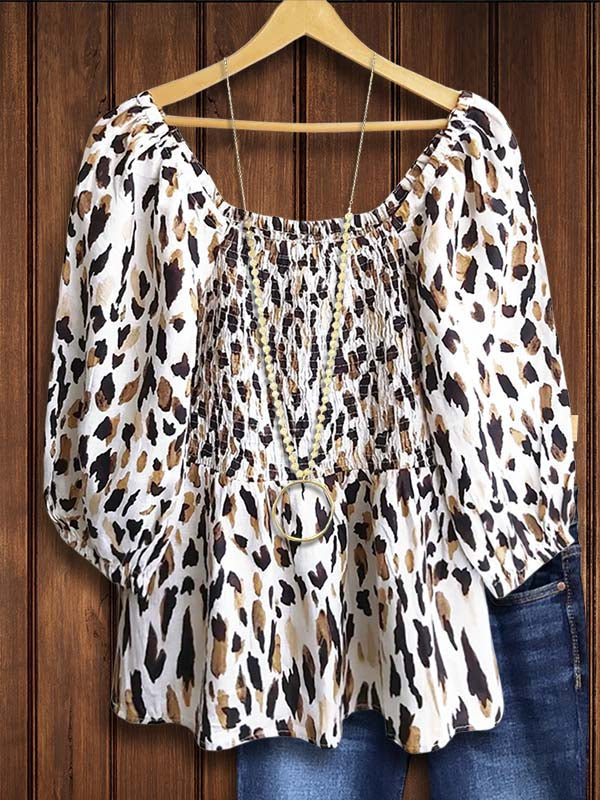 Leopard Print Gathered Puff Sleeve Blouse