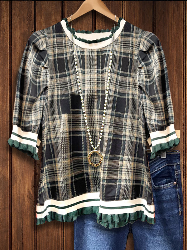 Retro Plaid Puff Sleeve Blouse