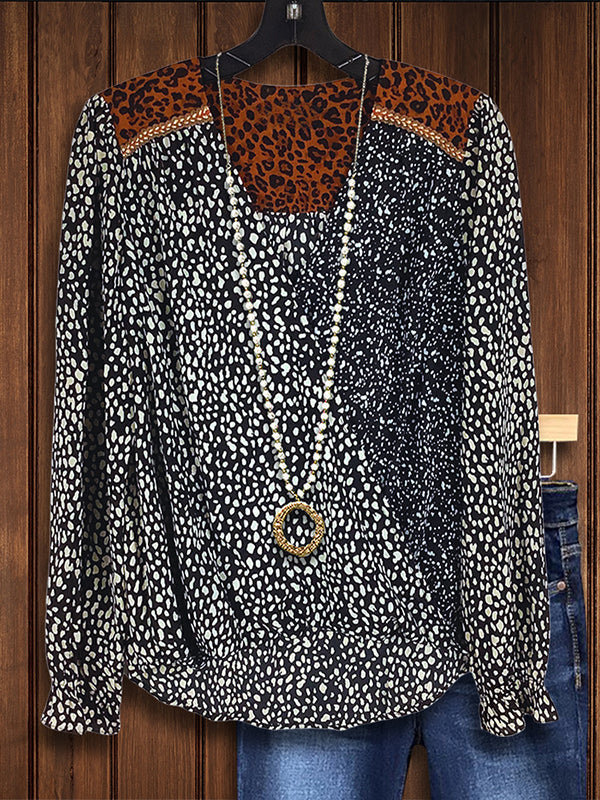 Leopard Print Patchwork Crossover Blouse