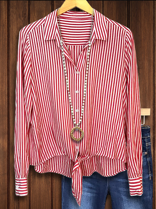 Lapel Striped Knotted Blouse