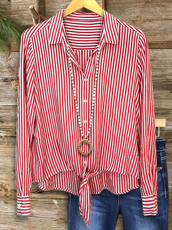 Lapel Striped Knotted Blouse