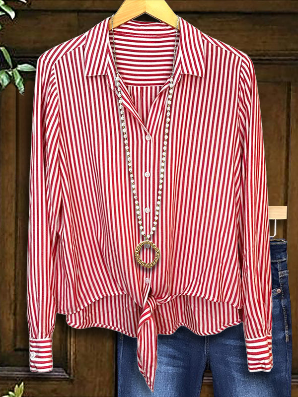 Lapel Striped Knotted Blouse