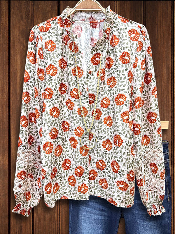 Floral Print Lace Patchwork Blouse