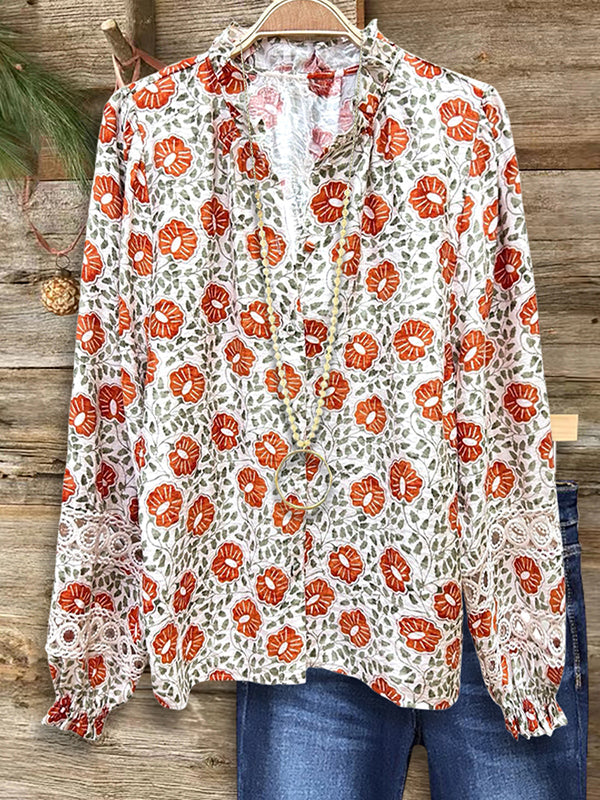 Floral Print Lace Patchwork Blouse