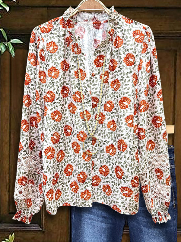 Floral Print Lace Patchwork Blouse