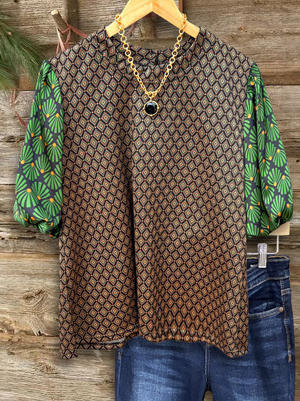 Geometric Print Puff Sleeve Blouse