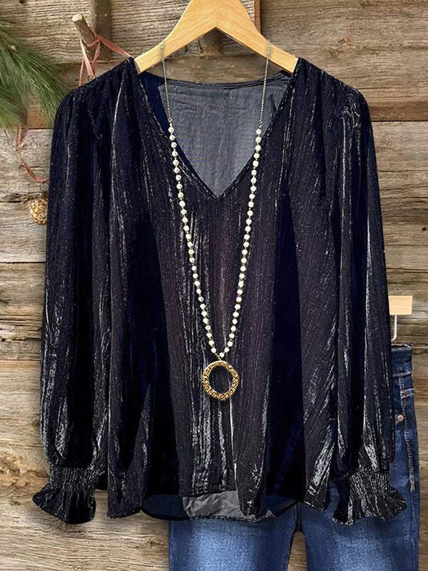 Vintage V-Neck Velvet Blouse