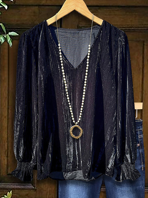 Vintage V-Neck Velvet Blouse