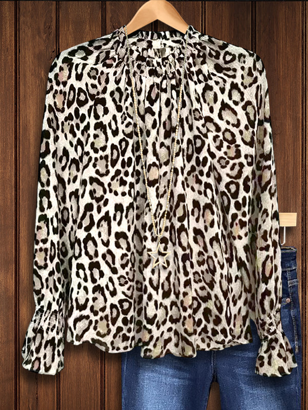 Elegant Leopard Print Gathered Blouse