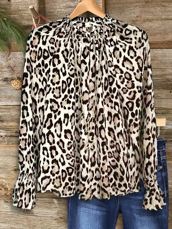 Elegant Leopard Print Gathered Blouse