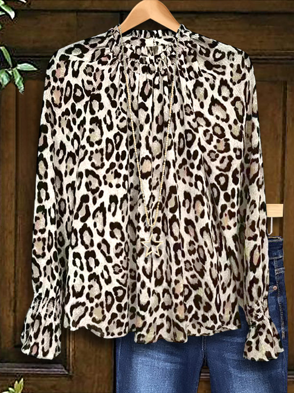 Elegant Leopard Print Gathered Blouse