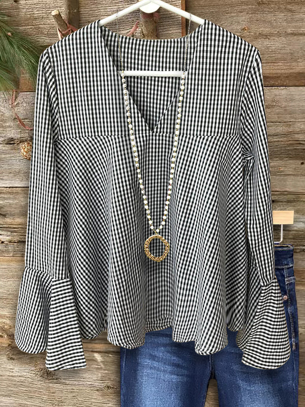 Plaid Ruffle Sleeve Loose Blouse