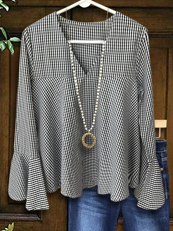 Plaid Ruffle Sleeve Loose Blouse