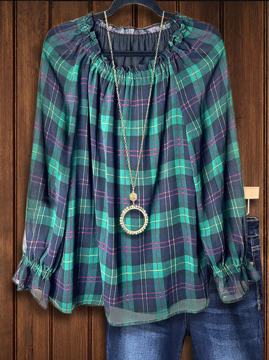 Vintage Plaid Gathered Blouse