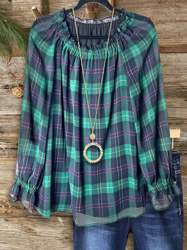 Vintage Plaid Gathered Blouse