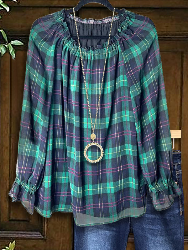 Vintage Plaid Gathered Blouse