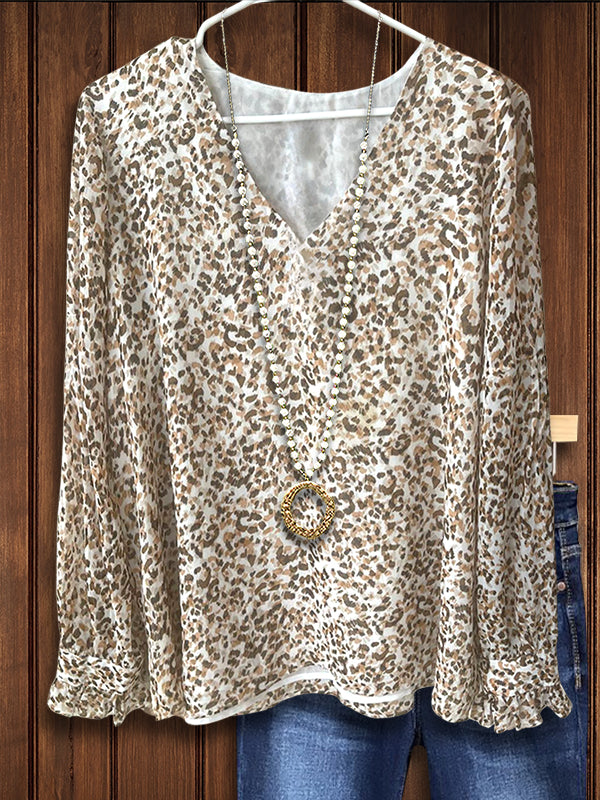 V-Neck Leopard Print Loose Blouse