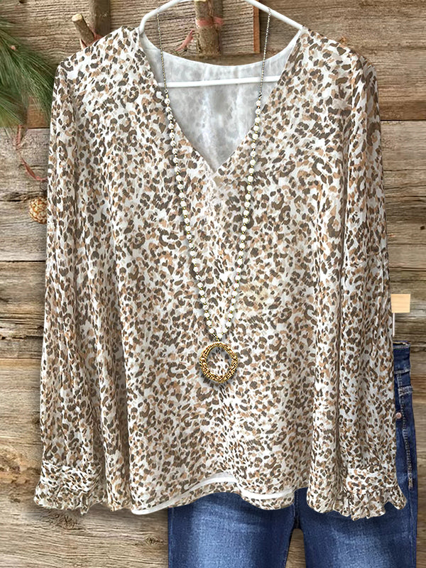 V-Neck Leopard Print Loose Blouse