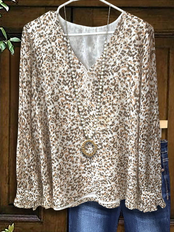 V-Neck Leopard Print Loose Blouse