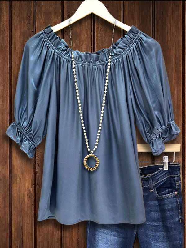 Crew Neck Gathered Puff Sleeve Blouse