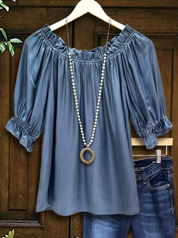 Crew Neck Gathered Puff Sleeve Blouse