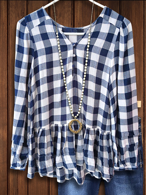 Plaid Ruffle Hem Blouse