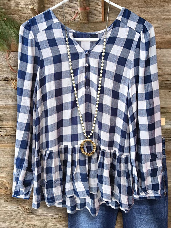 Plaid Ruffle Hem Blouse