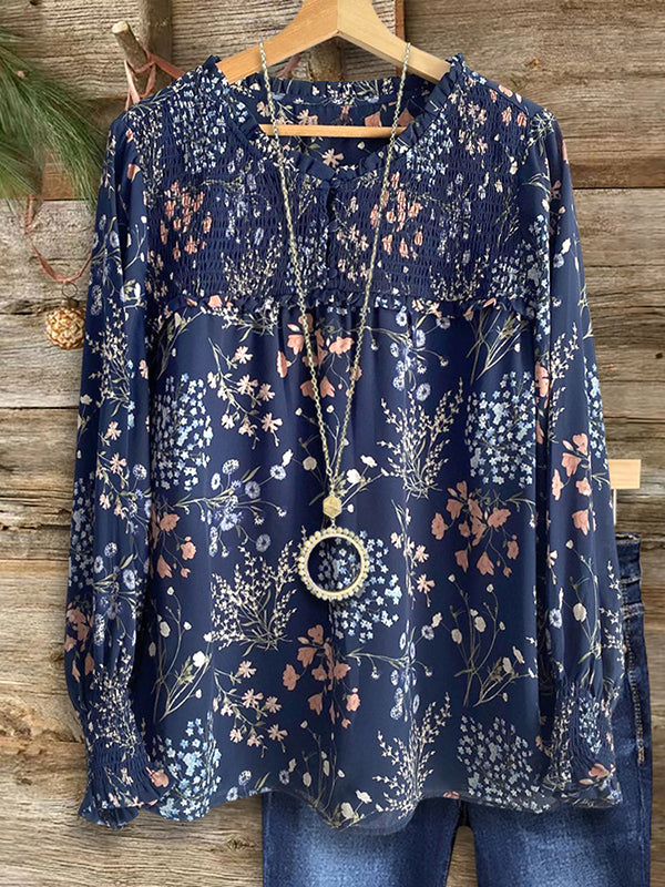 Botanical Print Gathered Blouse