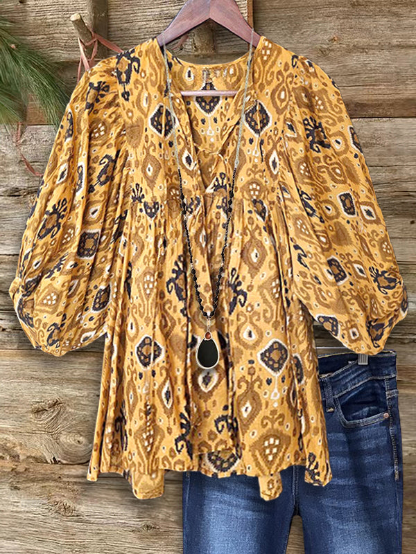 Tribal Print Puff Sleeve Blouse