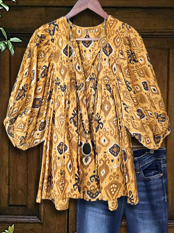 Tribal Print Puff Sleeve Blouse