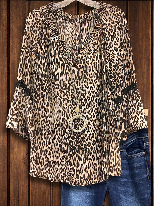 Leopard Print Ruffle Sleeve Blouse