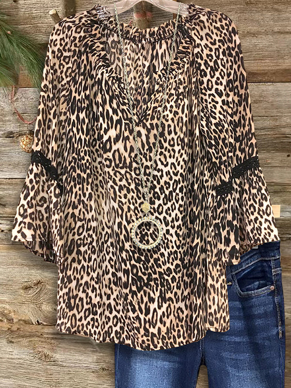 Leopard Print Ruffle Sleeve Blouse