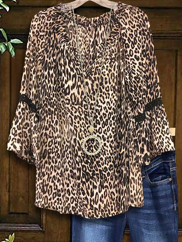 Leopard Print Ruffle Sleeve Blouse