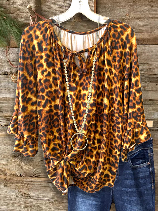 Wild Leopard Print Ruffle Sleeve Blouse