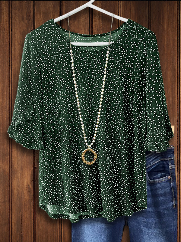 Retro Green Dot Print Ruffle Blouse